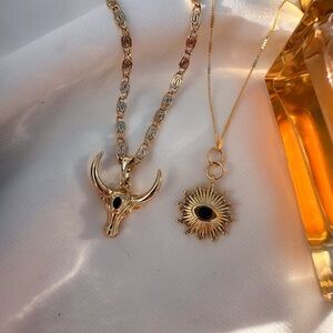 Gold Tone Bull Head & Sunburst Pendant Necklace Set with Black Stone